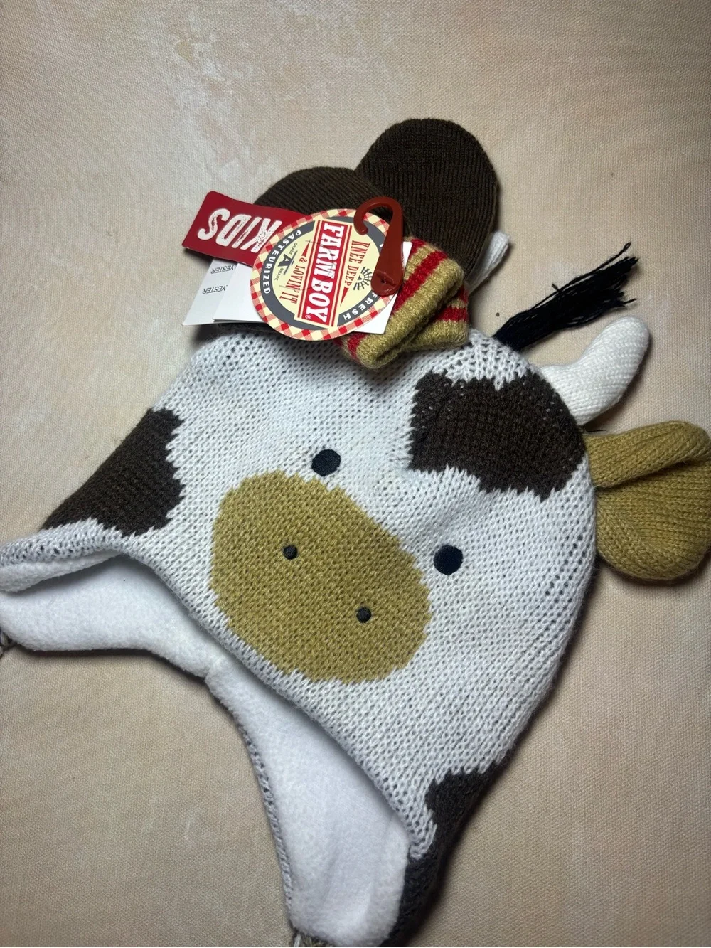Toddler Cow Knit Earflap Hat with Braided Tassels & mittens, NWT
